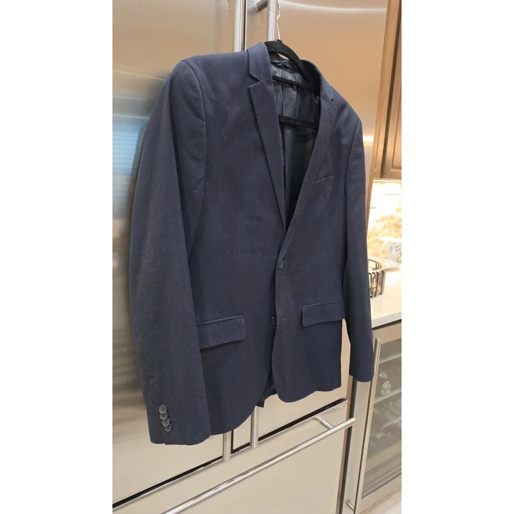 H&M Men Slim-Fit Navy Blue Single-Breasted Two-Button Blazer Jacket Preppy SZ M